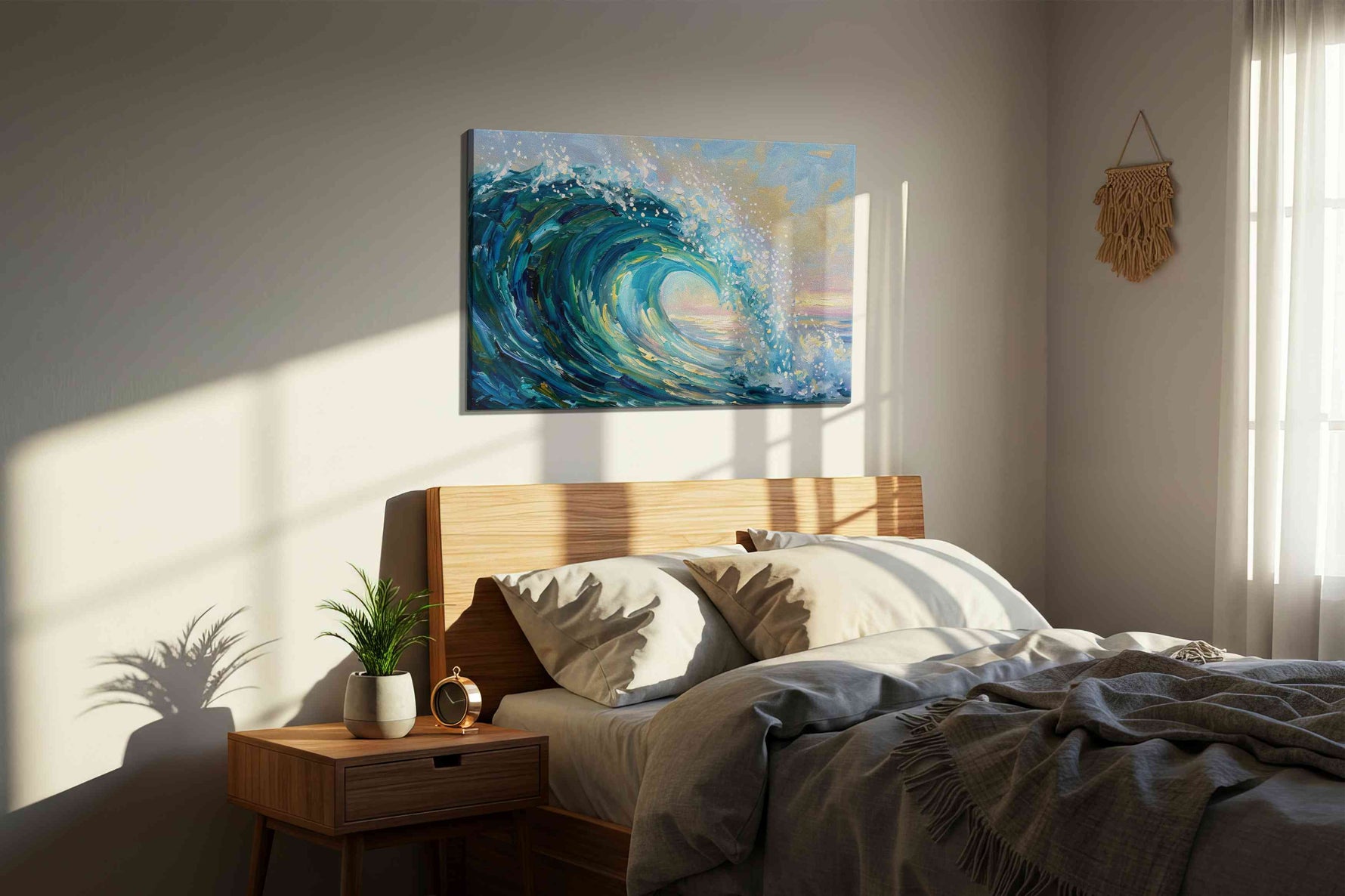 Seafoam Reverie ocean canvas print, displayed in a bedroom