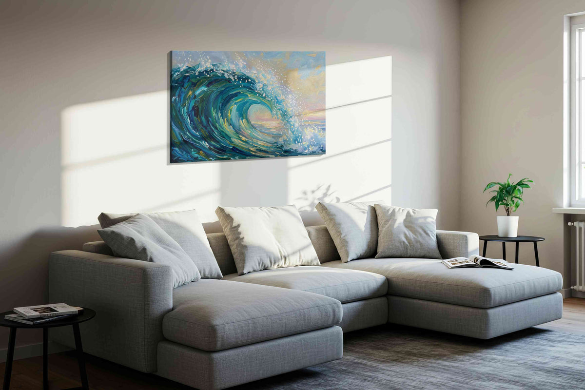Seafoam Reverie ocean canvas print, displayed in a living room