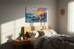 Sunfire on the Breakers ocean canvas print, displayed in a bedroom