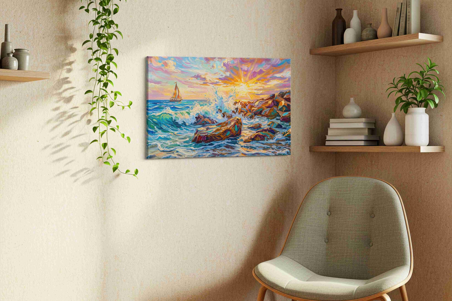 Sunfire on the Breakers ocean canvas print, displayed in a living room