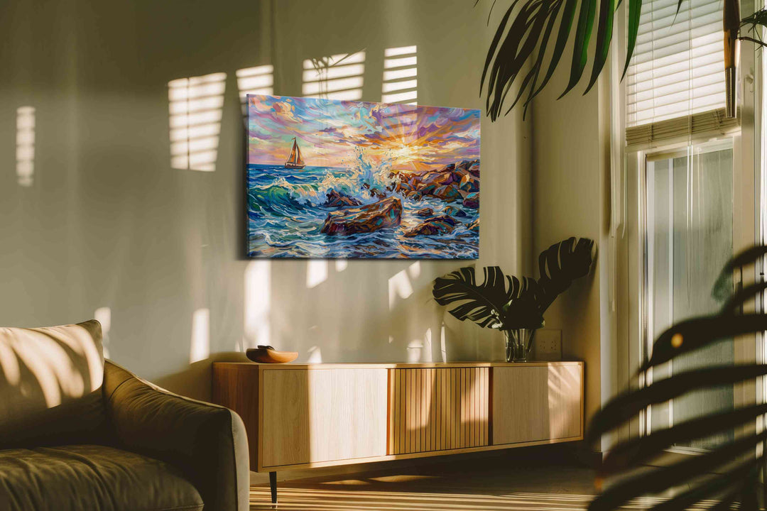 Sunfire on the Breakers - Coastal Wall Art, Ocean Canvas Print, Beach House Decor