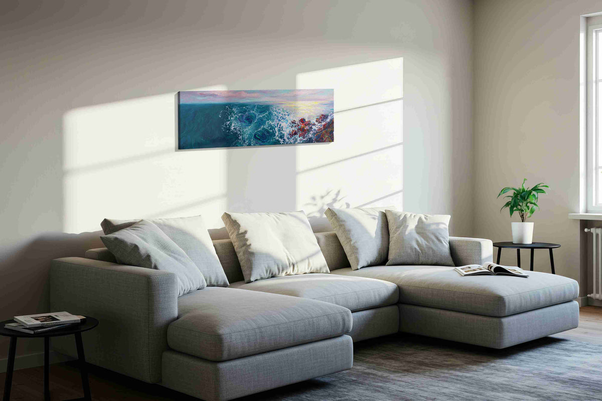 Twilight Surge on Crimson Rocks ocean canvas print styled in a living room