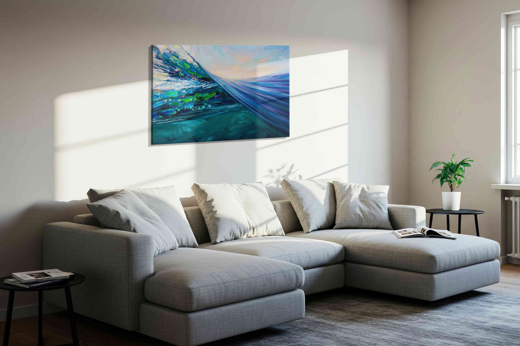 Where the Tide Becomes Light ocean canvas print, displayed in a living room