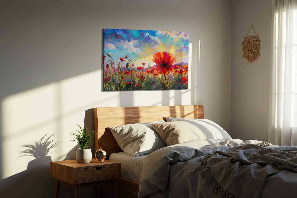 Crimson Bloom at Daybreak poppies canvas print, displayed in a bedroom