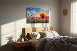 Crimson Bloom at Daybreak poppies canvas print, displayed in a bedroom