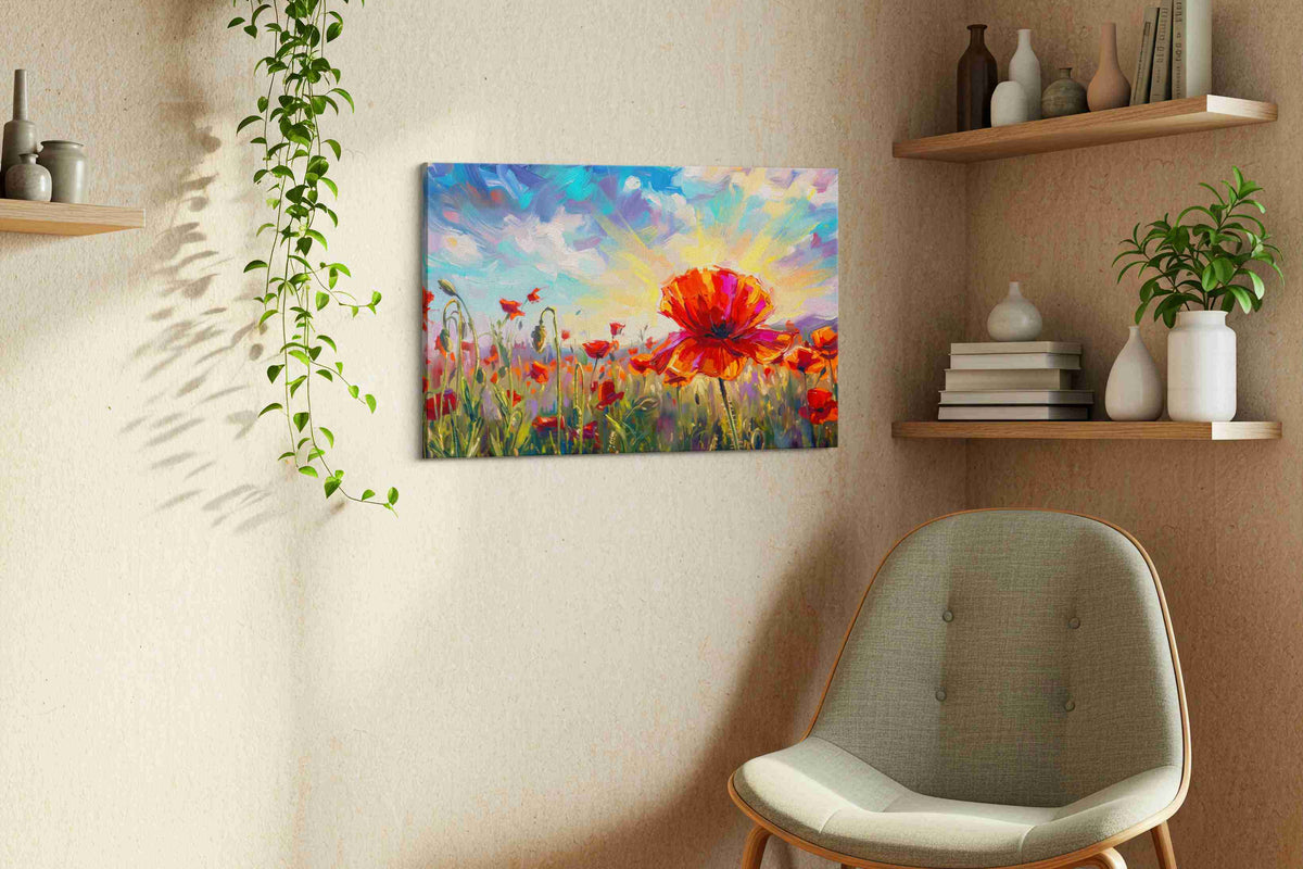 Crimson Bloom at Daybreak poppies canvas print, displayed in a living room