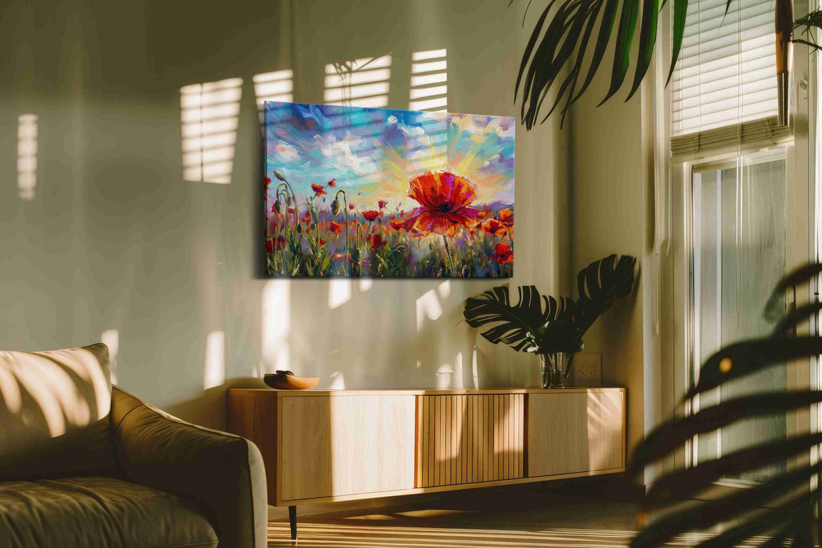 Crimson Bloom at Daybreak poppies canvas print in a hung canvas mockup