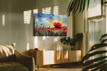 Crimson Bloom at Daybreak poppies canvas print in a hung canvas mockup