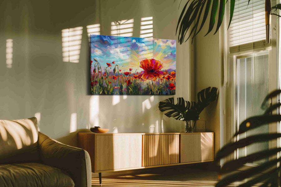 Crimson Bloom at Daybreak poppies canvas print in a hung canvas mockup