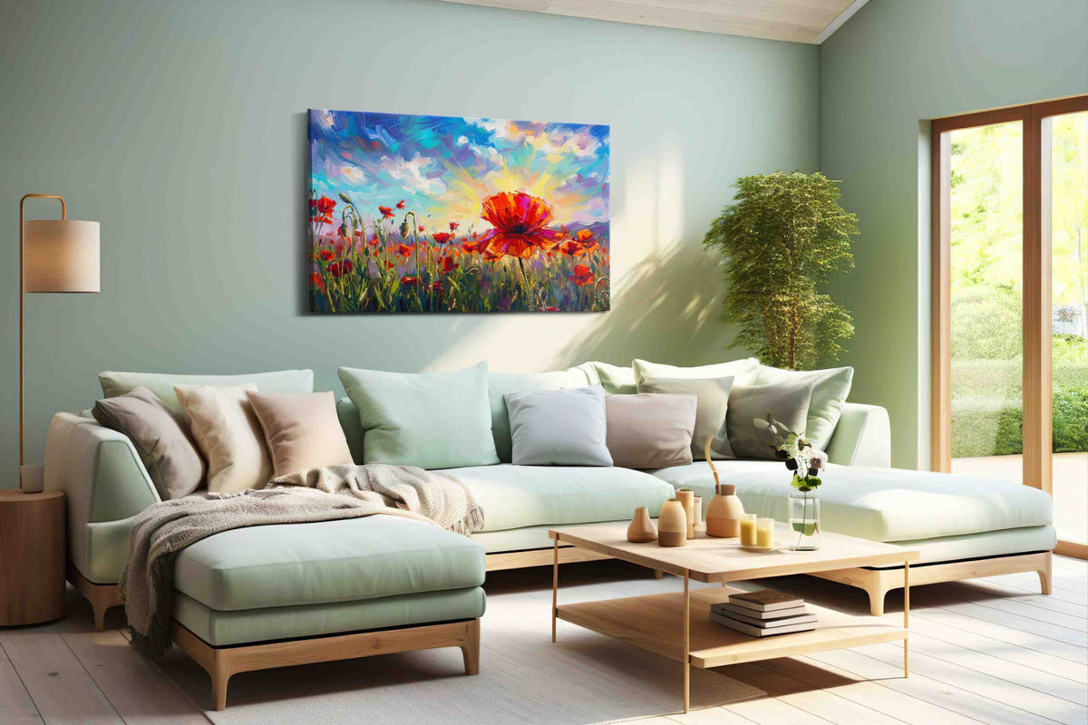 Crimson Bloom at Daybreak poppies canvas print, hanging on wall