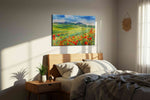 Crimson Wind Over Tuscany poppies canvas print, displayed in a bedroom