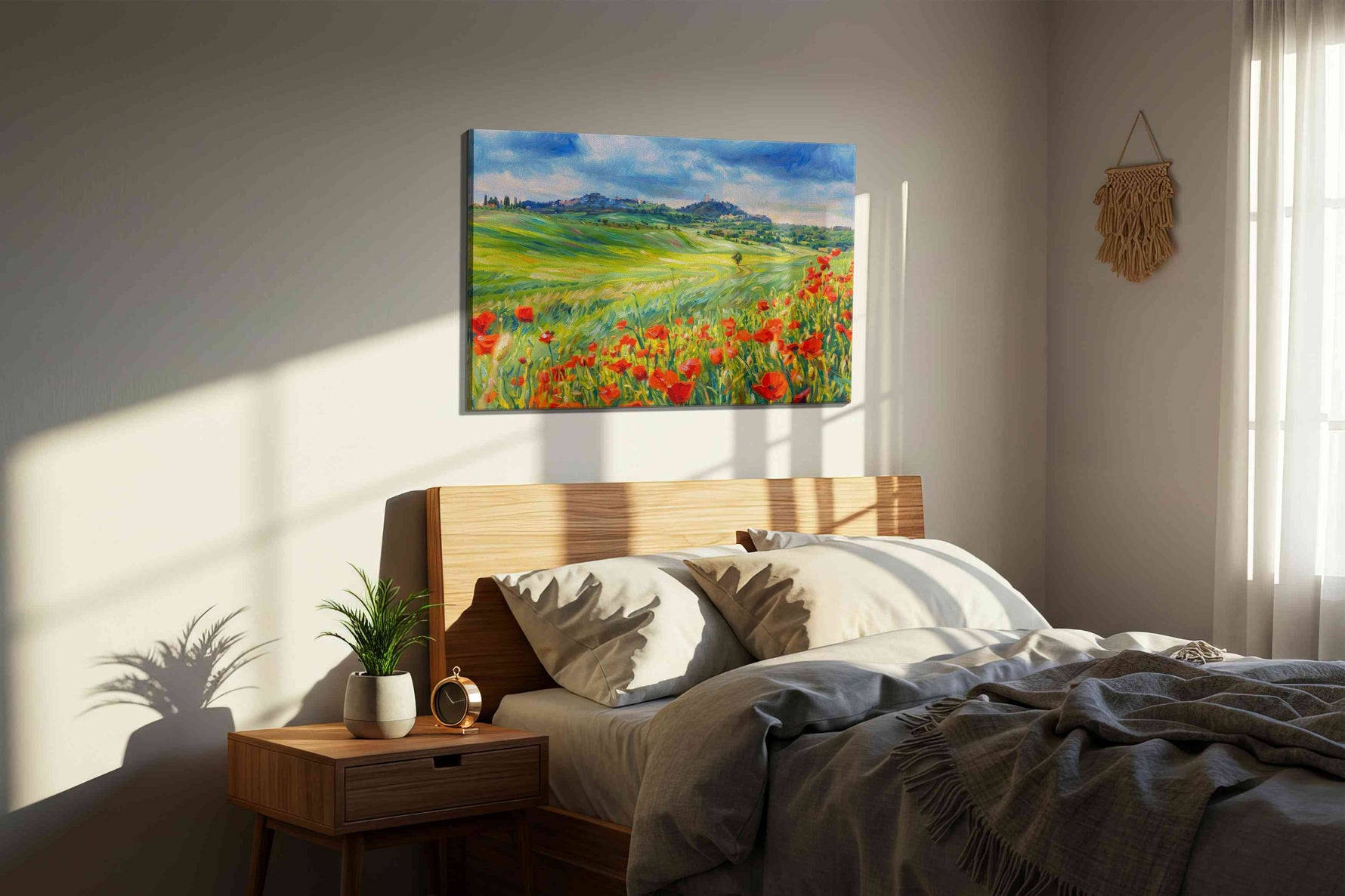 Crimson Wind Over Tuscany poppies canvas print, displayed in a bedroom