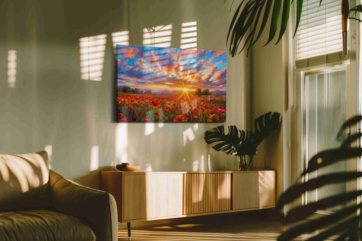Ember Bloom Horizon poppies canvas print, on wall, lifestyle preview