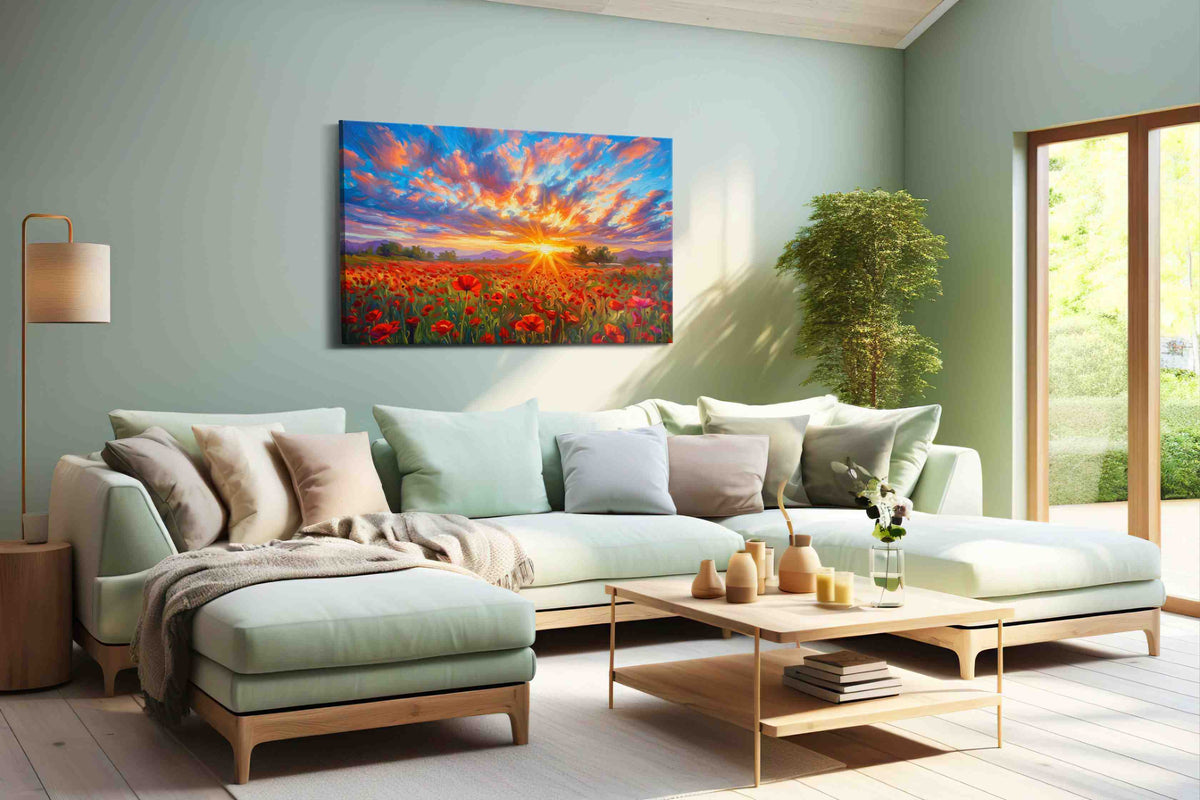 Ember Bloom Horizon poppies canvas print, hanging on wall