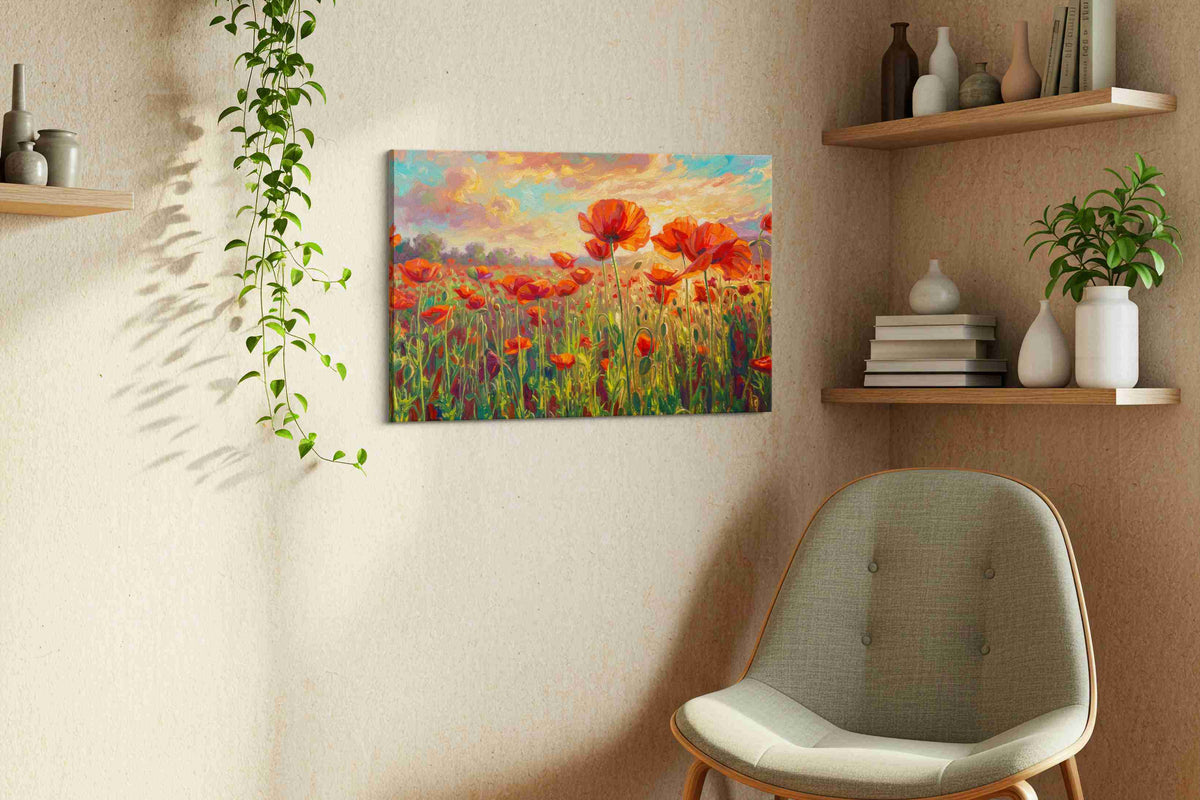 Ember Poppies at Daybreak poppies canvas print, displayed in a living room