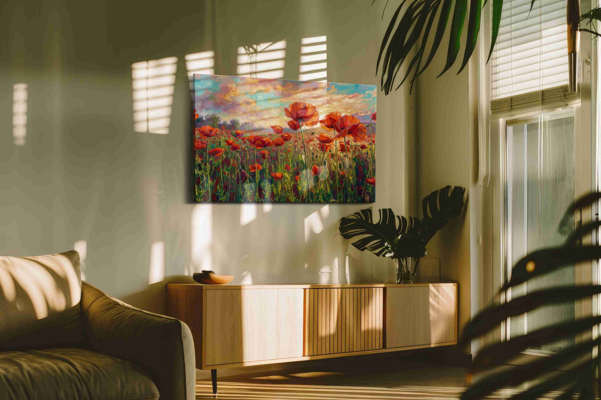 Ember Poppies at Daybreak poppies canvas print in a hung canvas mockup