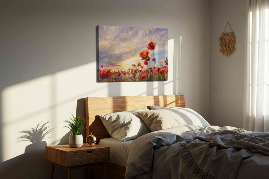 Ember Poppies at First Light poppies canvas print, displayed in a bedroom