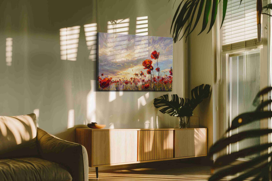 Ember Poppies at First Light poppies canvas print in a hung canvas mockup