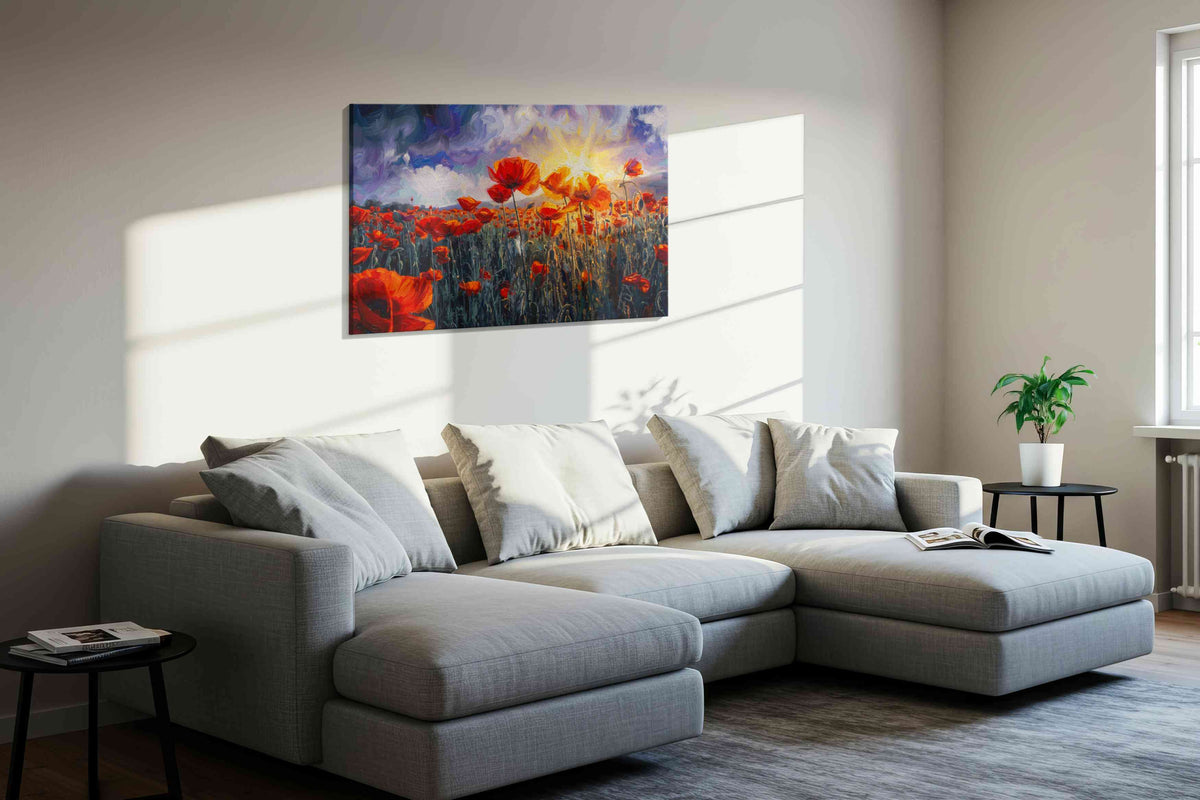 Emberfield Reverie poppies canvas print, displayed in a living room