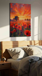 Embers Over the Poppy Field poppies canvas print, displayed in a bedroom