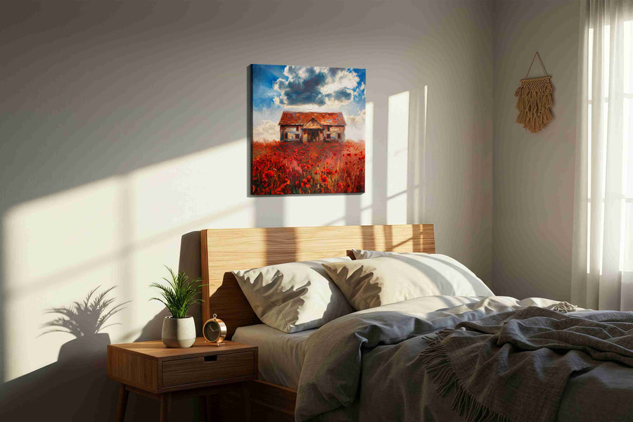 Poppystorm Cottage poppies canvas print, displayed in a bedroom