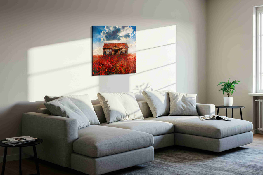 Poppystorm Cottage poppies canvas print in a living room scene