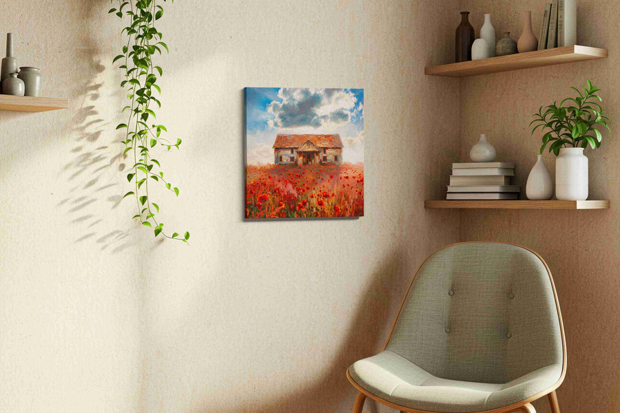 Poppystorm Cottage poppies canvas print, displayed in a living room