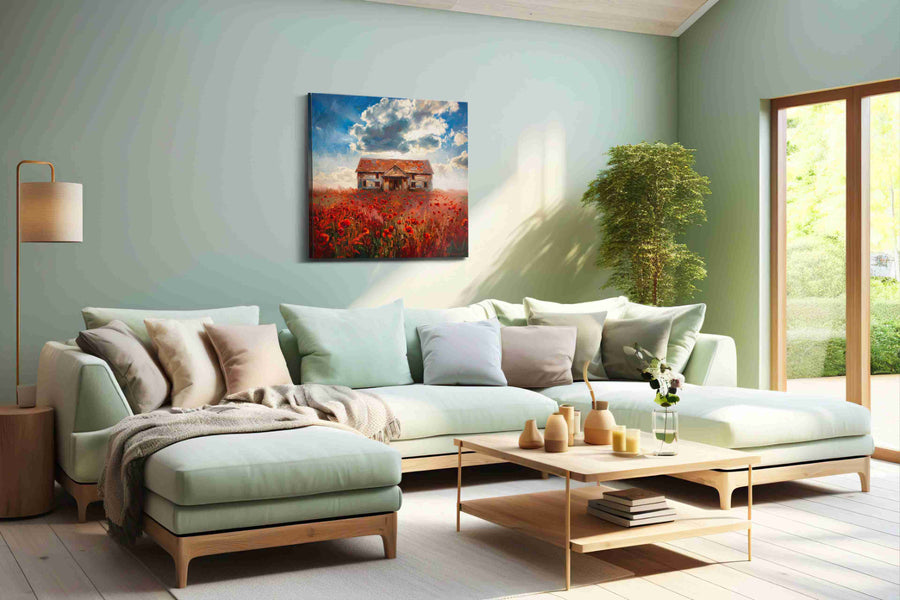 Poppystorm Cottage poppies canvas print, hanging on wall