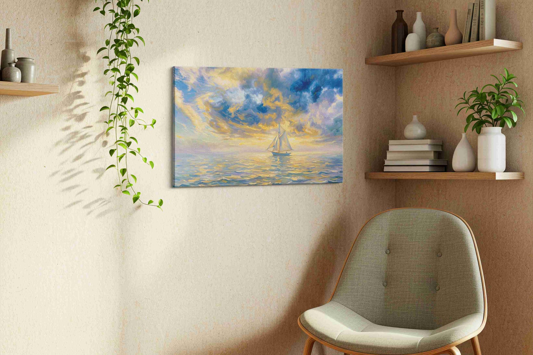 Celestial Calm Under Sail sailing canvas print styled in a living room