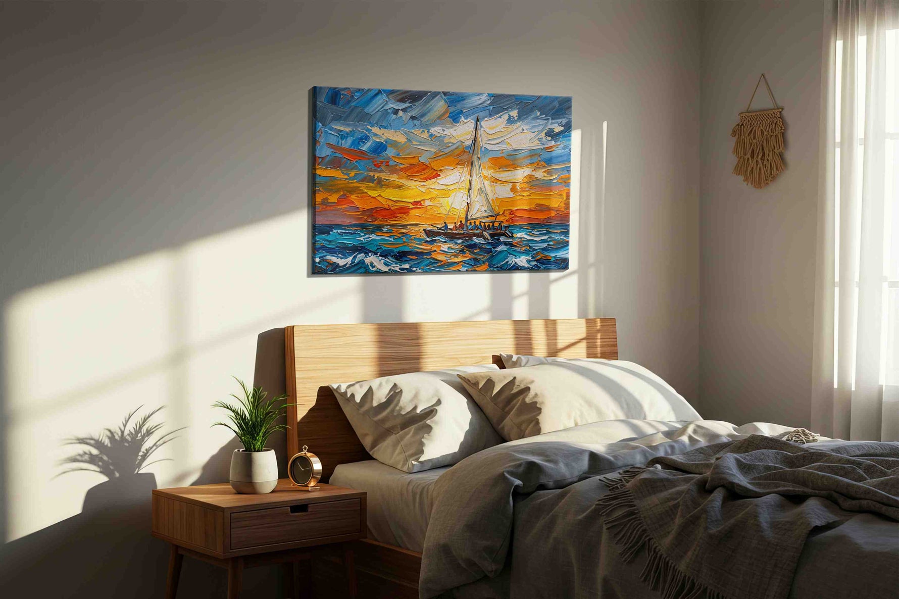 Saffron Horizon Voyage sailing canvas print, displayed in a bedroom