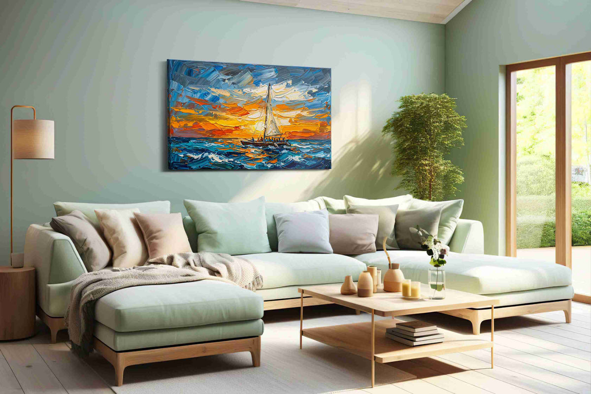 Saffron Horizon Voyage sailing canvas print, hanging on wall