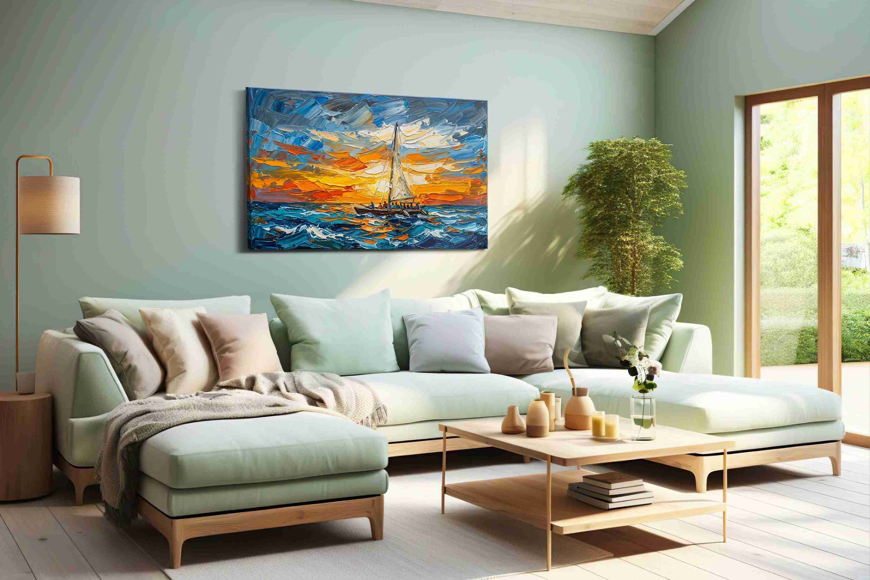 Saffron Horizon Voyage sailing canvas print, hanging on wall