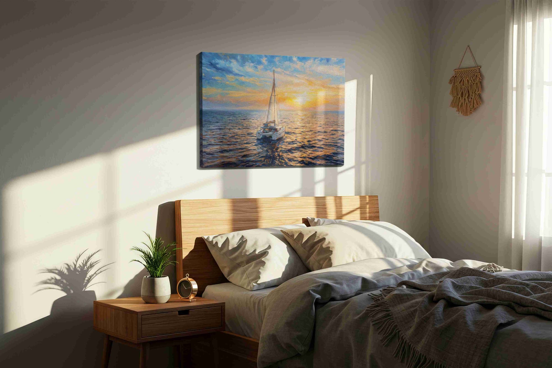 Solstice Sail at Dusk sailing canvas print, displayed in a bedroom