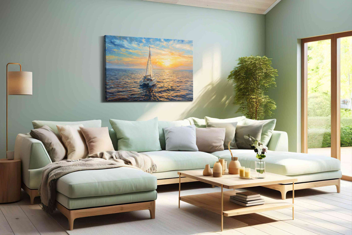 Solstice Sail at Dusk sailing canvas print, hanging on wall