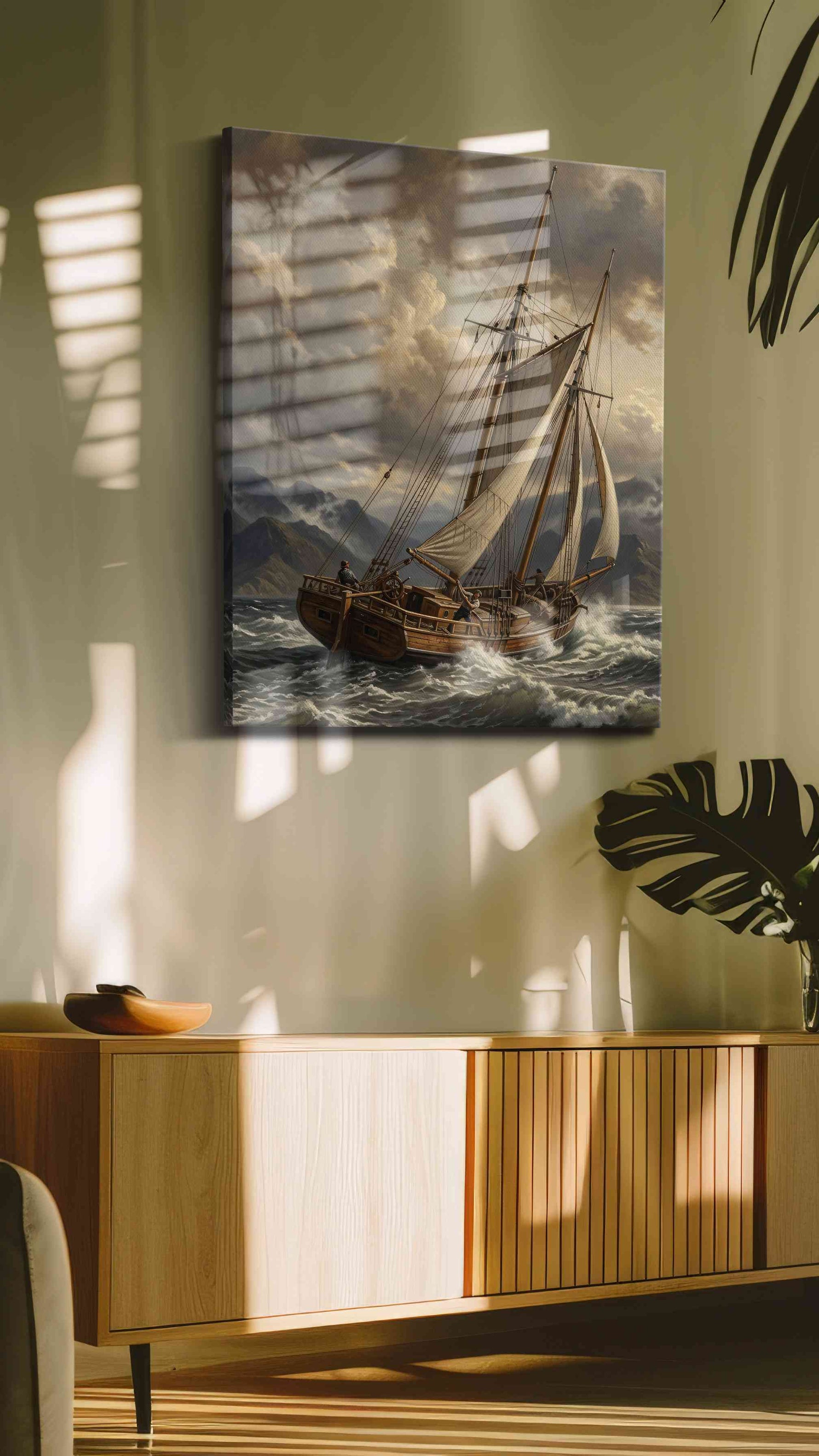 Tempest Over the Fjord sailing canvas print in a contemporary interior mockup
