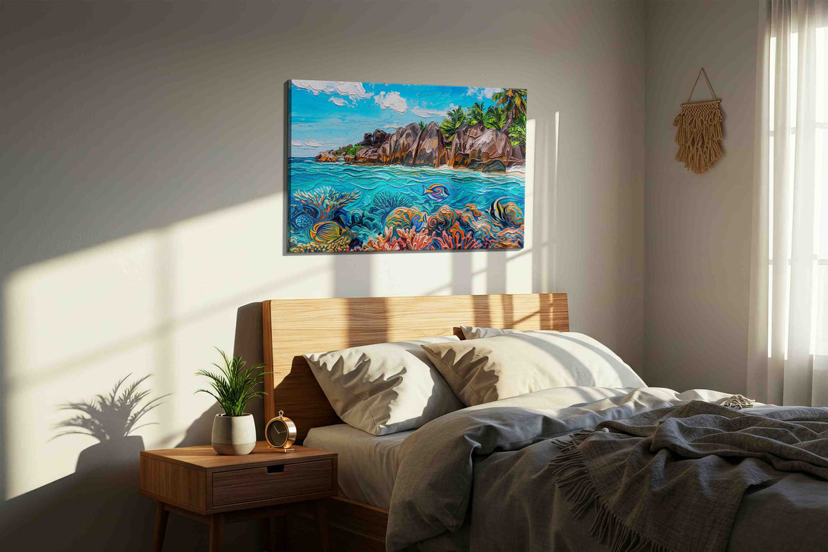 Coral Serenade at Granite Cove sealife canvas print, displayed in a bedroom
