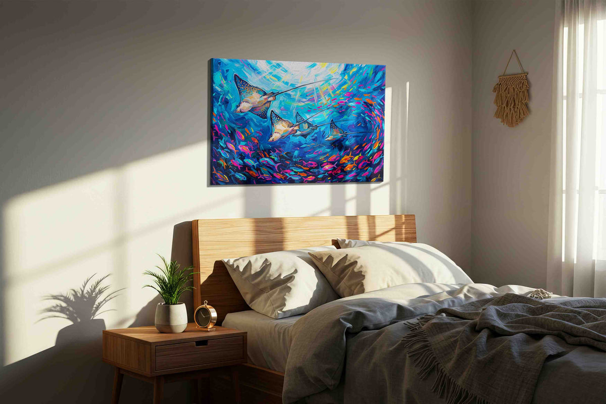 Neon Ray Reverie sealife canvas print, displayed in a bedroom