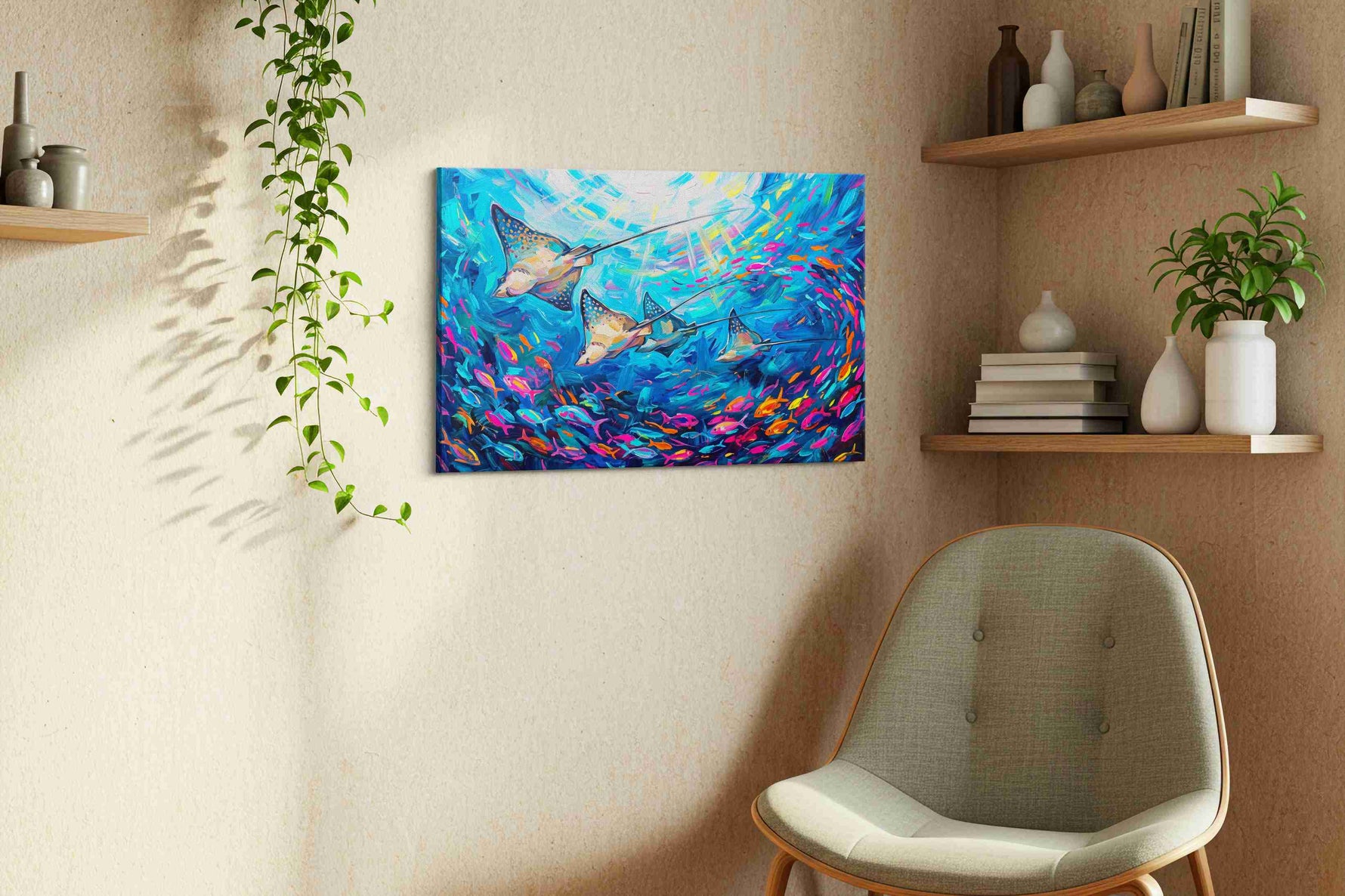 Neon Ray Reverie sealife canvas print in a living room scene