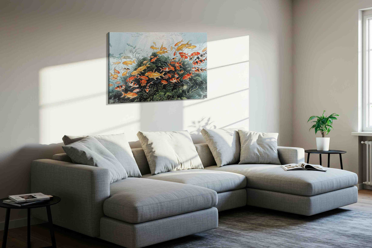 Sunlit Koi Reverie sealife canvas print in a living room scene