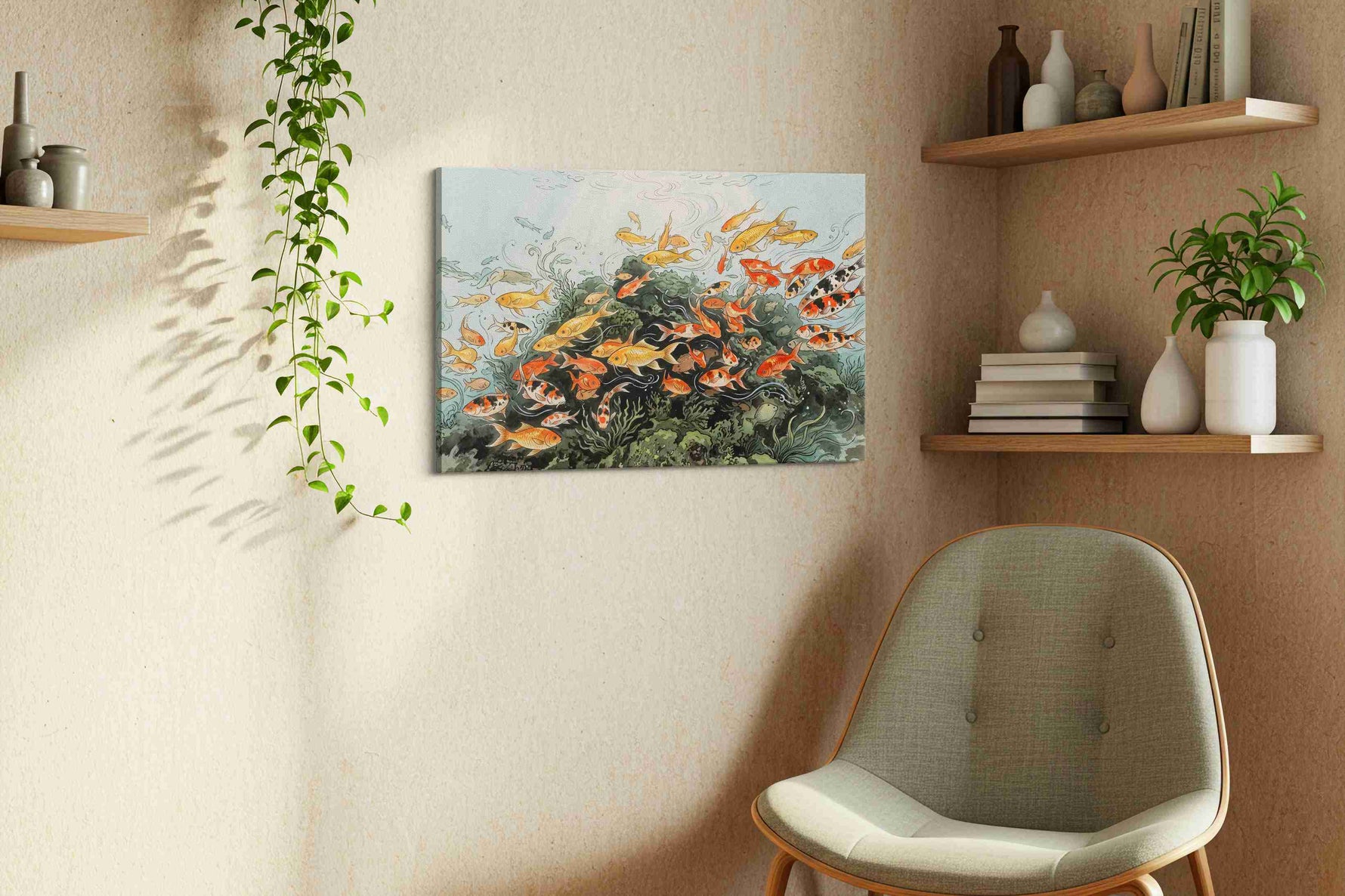 Sunlit Koi Reverie sealife canvas print, displayed in a living room