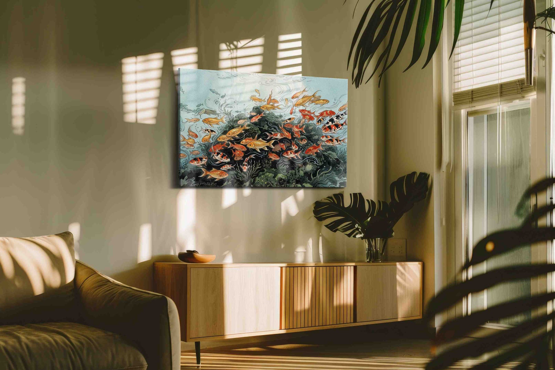Sunlit Koi Reverie sealife canvas print, on wall, lifestyle preview