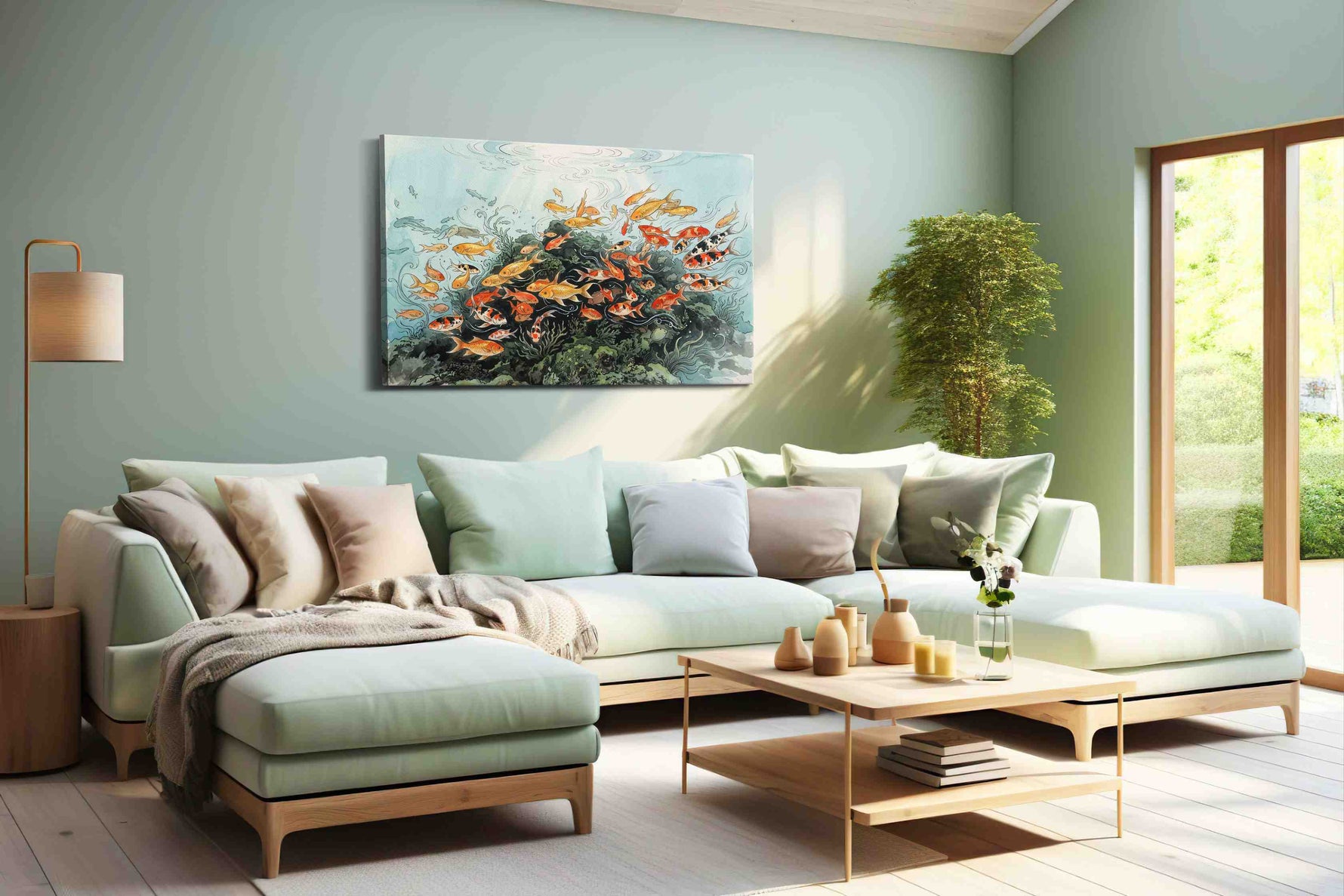 Sunlit Koi Reverie sealife canvas print, hanging on wall