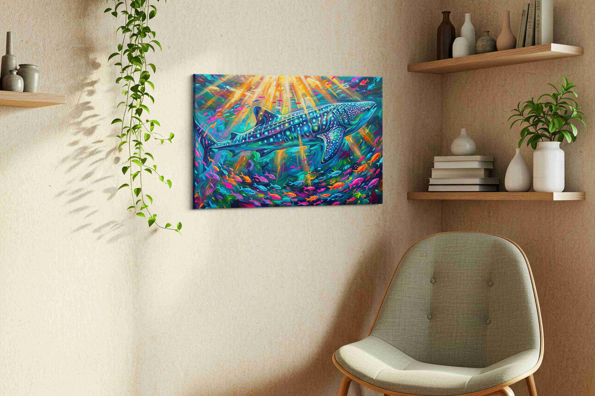 Sunlit Leviathan Dream sealife canvas print, displayed in a living room