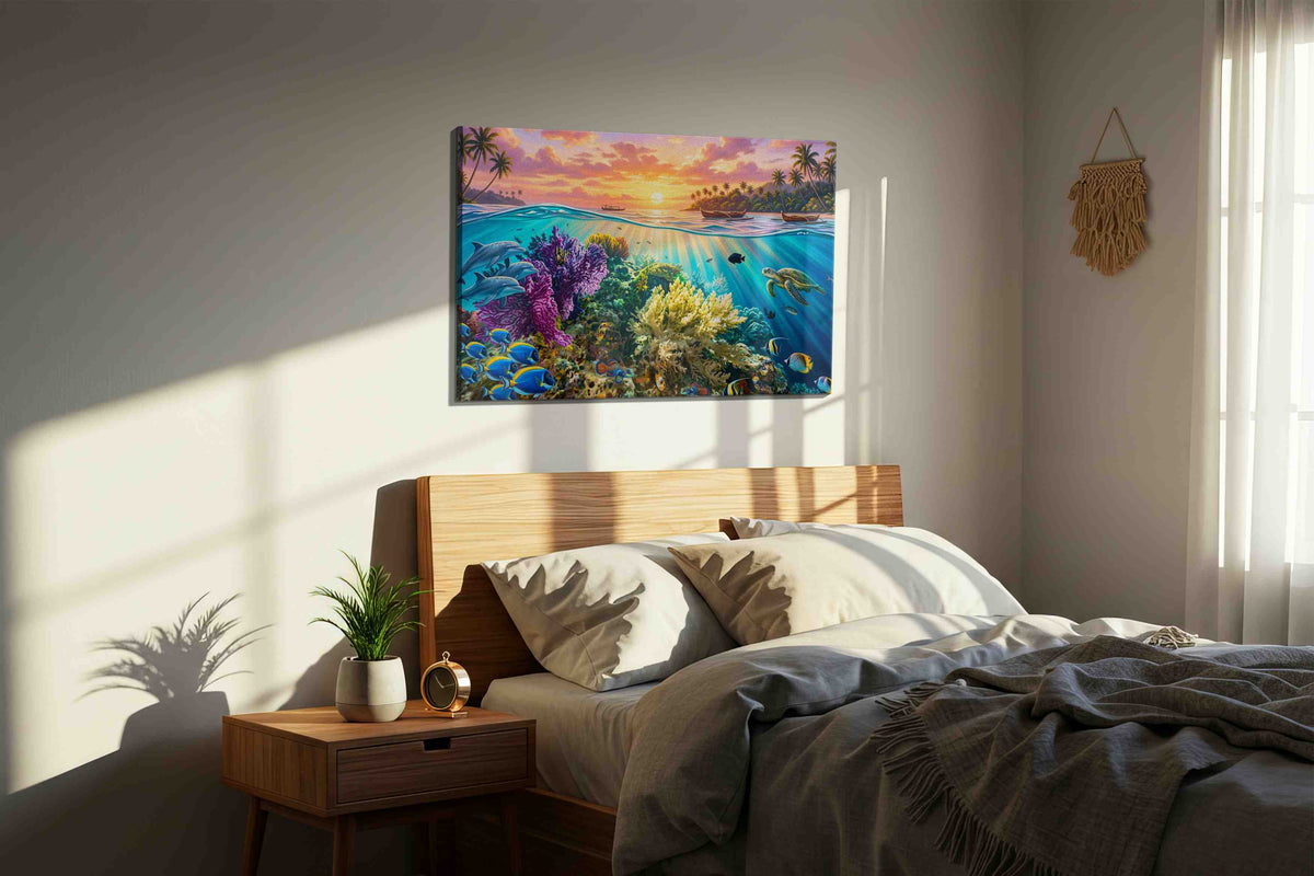 Sunlit Reef Reverie sealife canvas print, displayed in a bedroom