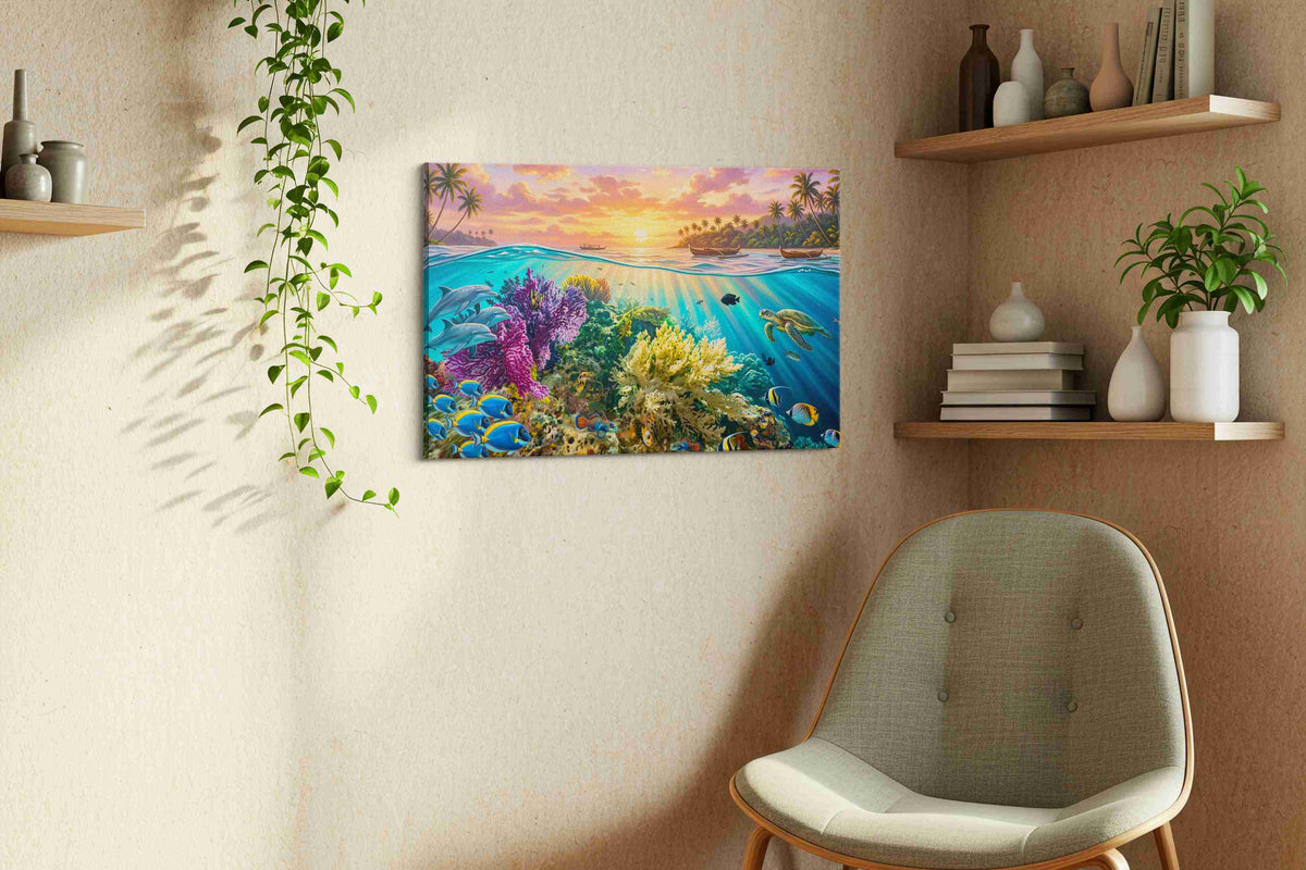 Sunlit Reef Reverie sealife canvas print, displayed in a living room