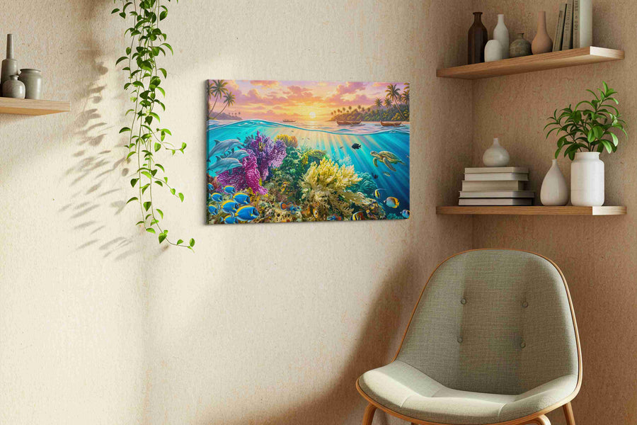 Sunlit Reef Reverie sealife canvas print, displayed in a living room