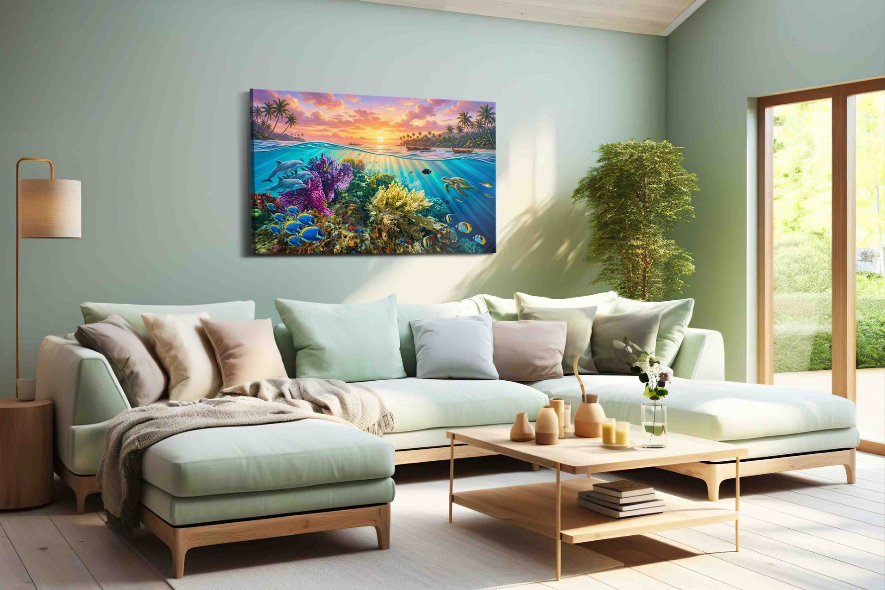 Sunlit Reef Reverie sealife canvas print, hanging on wall