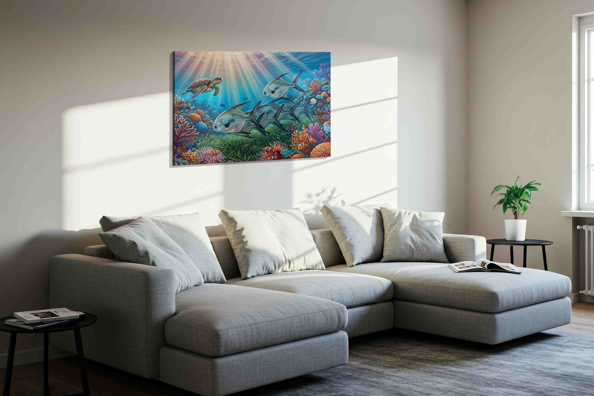Sunlit Reef Serenade sealife canvas print in a living room scene