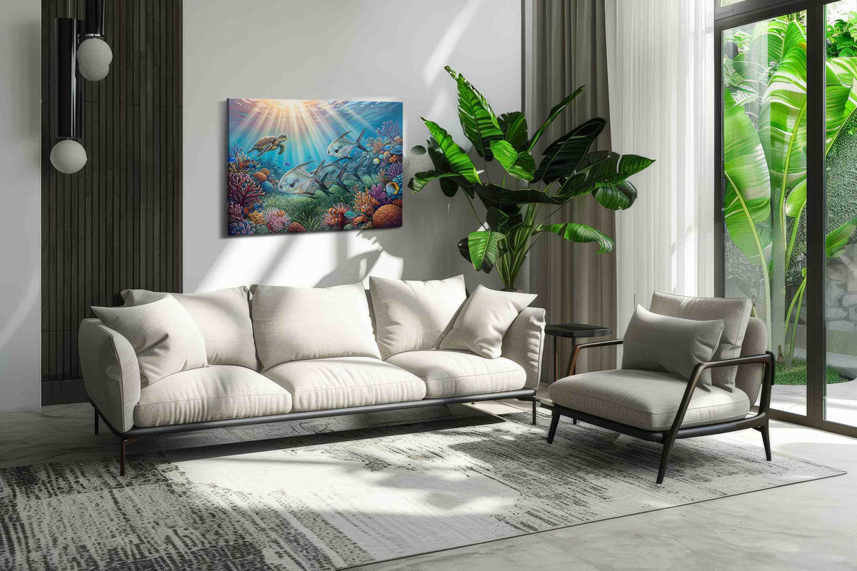 Sunlit Reef Serenade sealife canvas print, on wall, lifestyle preview