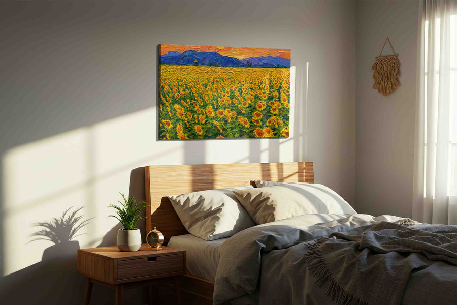 Amber Bloom Horizon sunflowers canvas print, displayed in a bedroom
